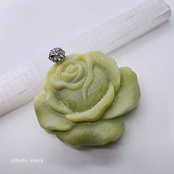 Handmade Carved Jade Rose Pendant w/ Silver Sparkly Bail - Picture 3 of 5